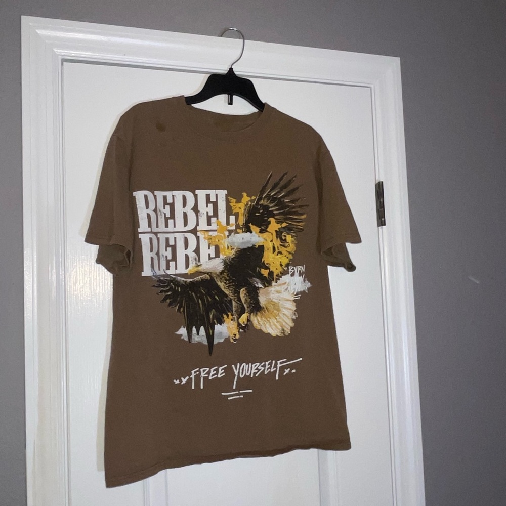PacSun Brown and Yellow Short Sleeve Tee with Vintage Graphic M(runs large)